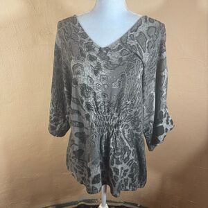 Alberto Makali Womens Animal Print V-Neck Smocked 3/4 Sleeve Blouse Gray Large